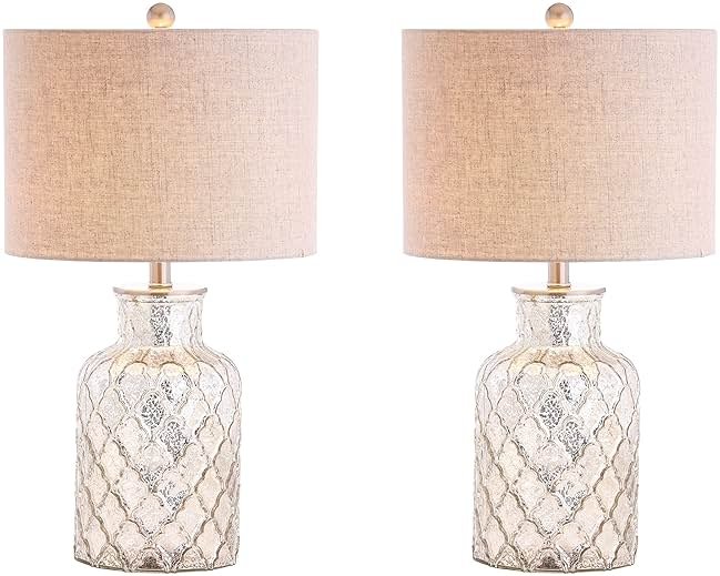 JONATHAN Y 24.5" Alvord Mercury Silver Quatrefoil Glass Table Lamp Set of 2, Contemporary Nightstand Lamps with Grey Linen Drum Shade, UL Listed, LED Bulbs Included JYL1075A-SET2 - Product Image