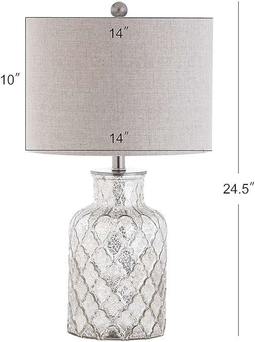 JONATHAN Y 24.5" Alvord Mercury Silver Quatrefoil Glass Table Lamp Set of 2, Contemporary Nightstand Lamps with Grey Linen Drum Shade, UL Listed, LED Bulbs Included JYL1075A-SET2 - Image 3