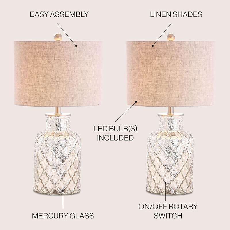JONATHAN Y 24.5" Alvord Mercury Silver Quatrefoil Glass Table Lamp Set of 2, Contemporary Nightstand Lamps with Grey Linen Drum Shade, UL Listed, LED Bulbs Included JYL1075A-SET2 - Image 4