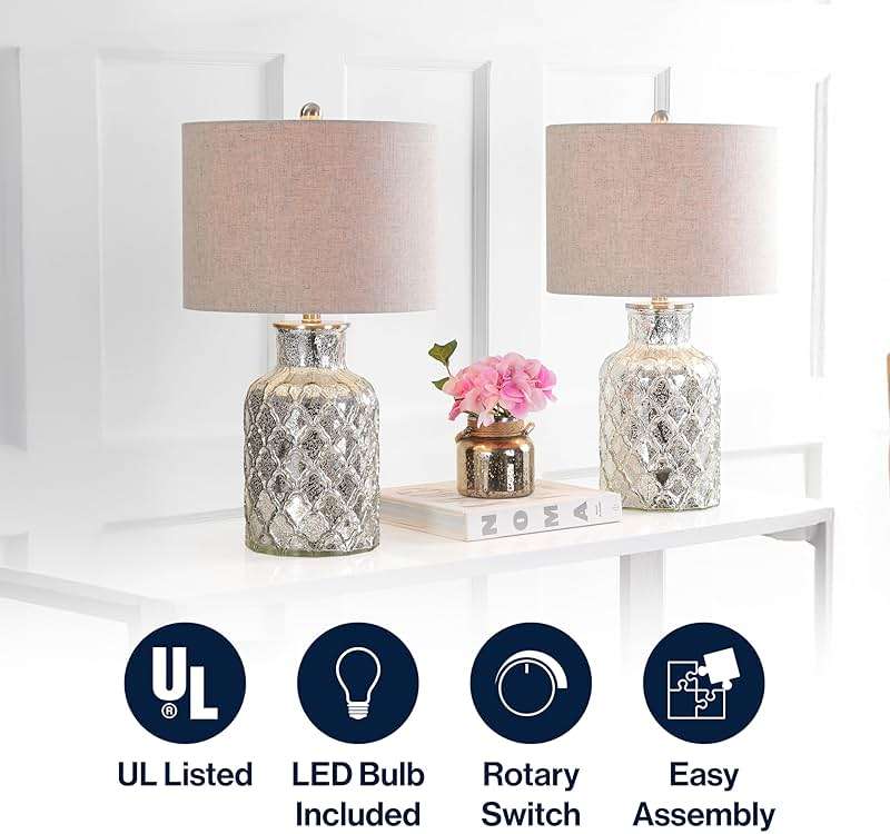 JONATHAN Y 24.5" Alvord Mercury Silver Quatrefoil Glass Table Lamp Set of 2, Contemporary Nightstand Lamps with Grey Linen Drum Shade, UL Listed, LED Bulbs Included JYL1075A-SET2 - Image 5