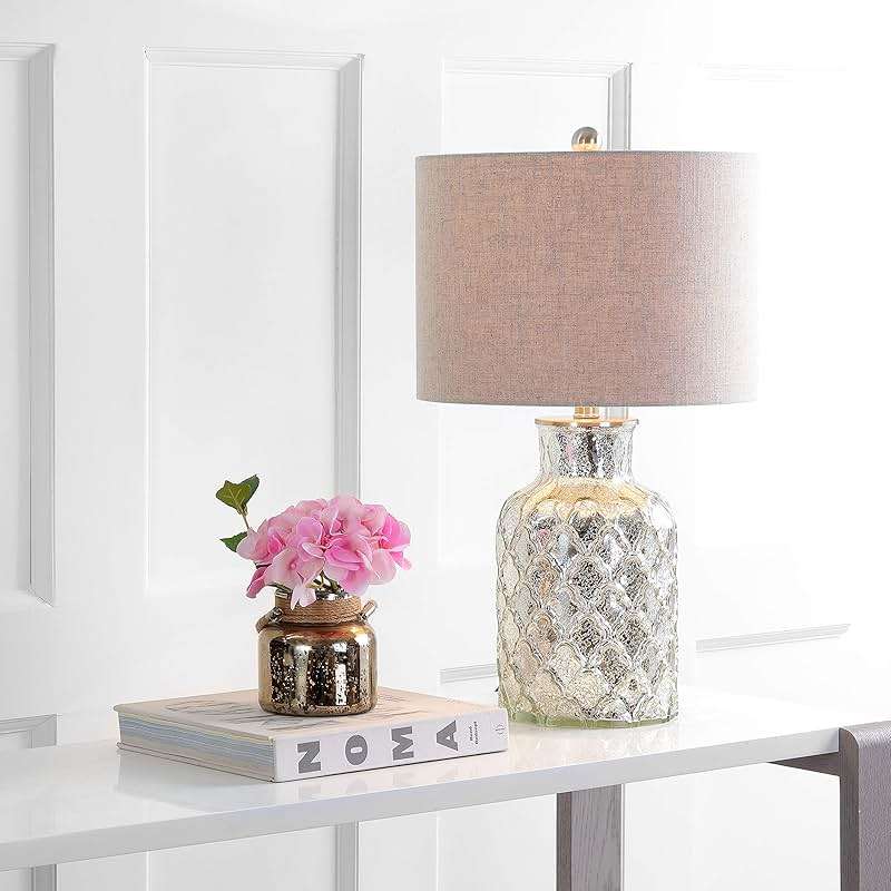 JONATHAN Y 24.5" Alvord Mercury Silver Quatrefoil Glass Table Lamp Set of 2, Contemporary Nightstand Lamps with Grey Linen Drum Shade, UL Listed, LED Bulbs Included JYL1075A-SET2 - Image 8