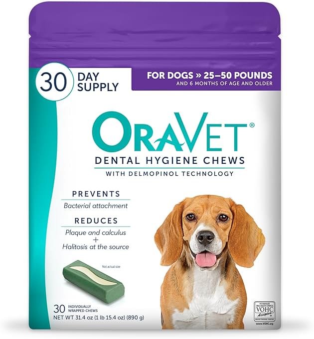 ORAVET Dental Chews for Dogs, Oral Care and Hygiene Chews (Medium Dogs, 25-50 lbs.) Purple Pouch, 30 Count - Product Image