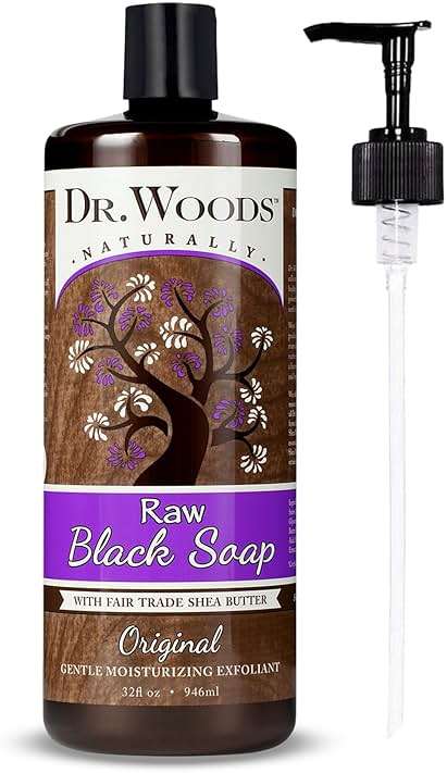 Dr. Woods Raw Liquid Black Soap with Pump - Body Wash for Men and Women, Gentle Exfoliant, Natural Cleanser for Face, Hands, and Body - 32 Fl Oz - Image 1