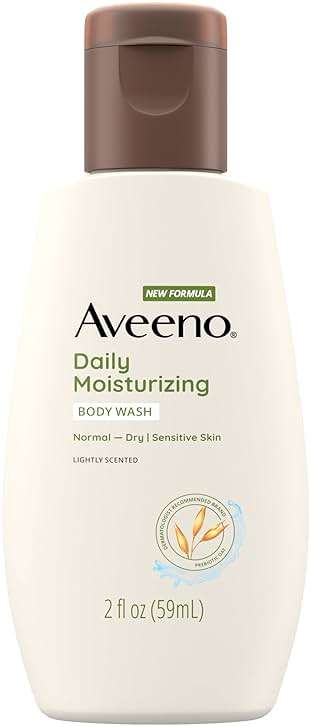 Aveeno Daily Moisturizing Body Wash for Sensitive Skin + Prebiotic Oat, Gently Cleanses Dry Skin & Feels Moisturizing, Light Fragrance, Travel Size, 2 fl. oz - Image 1