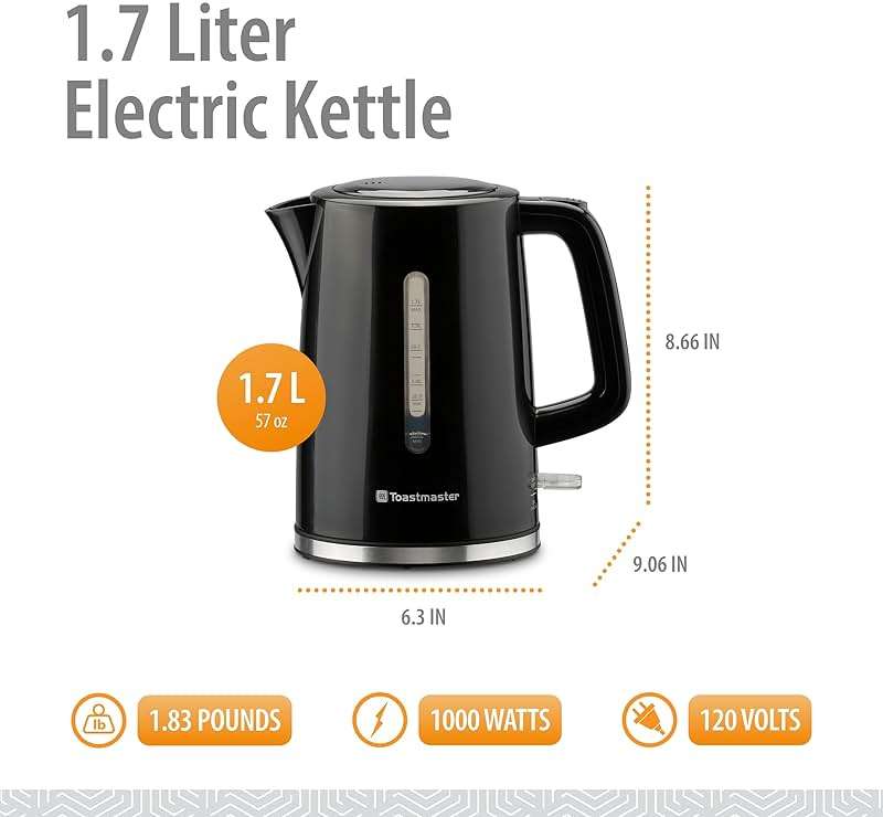 Toastmaster Electric Kettle by Select Brands - Cordless Electric Water Boiler for Coffee, Tea & More - Use This Electric Tea Kettle in Your Kitchen or Dorm - 1.7 Liters, Black - Image 2