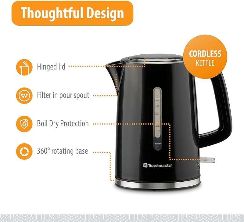 Toastmaster Electric Kettle by Select Brands - Cordless Electric Water Boiler for Coffee, Tea & More - Use This Electric Tea Kettle in Your Kitchen or Dorm - 1.7 Liters, Black - Image 3