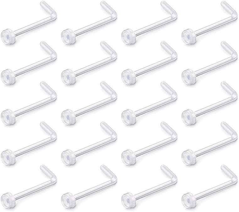 D.Bella 18g Clear Nose Ring Retainer Bioflex L Shape Nose Rings Studs Piercing Jewelry Flat Top - Image 1
