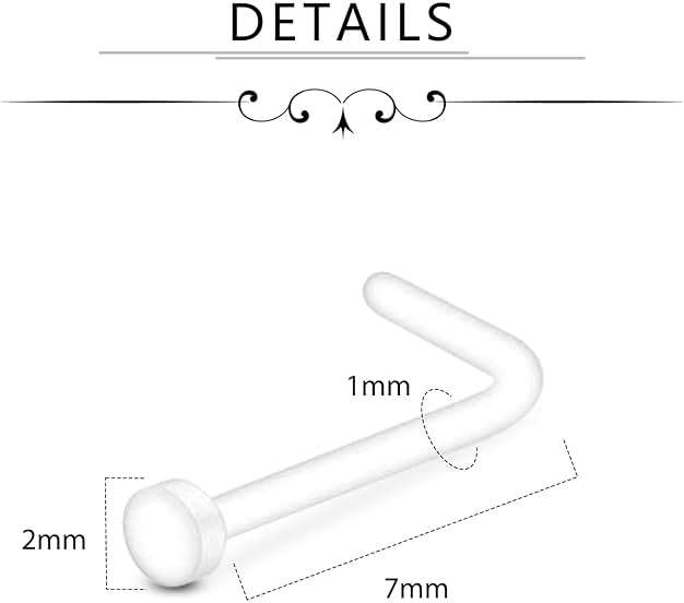 D.Bella 18g Clear Nose Ring Retainer Bioflex L Shape Nose Rings Studs Piercing Jewelry Flat Top - Image 2