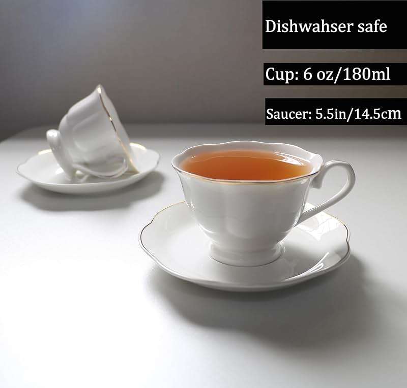 Guangyang 12 Pieces Tea Cup set Fine Porcelain 6oz Cup and Saucer set of 6 for Cappuccino Tea Flat White Coffee - Image 3
