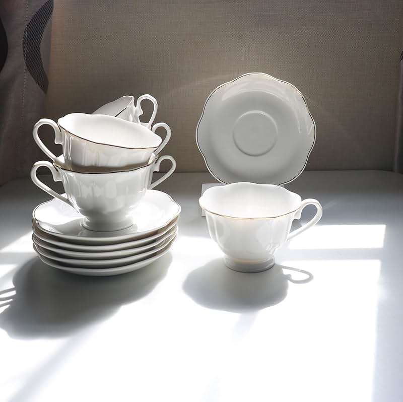 Guangyang 12 Pieces Tea Cup set Fine Porcelain 6oz Cup and Saucer set of 6 for Cappuccino Tea Flat White Coffee - Image 7