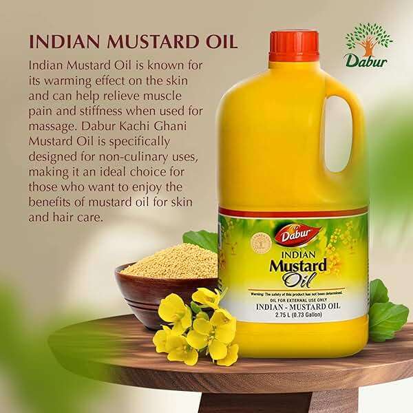 Dabur Kachi Ghani Mustard Oil - Unrefined Therapeutic-Grade Oil from Mustard Seeds for Skin, Hair Care, and Body Massage, Cold-Pressed (2750 ml) - Image 2
