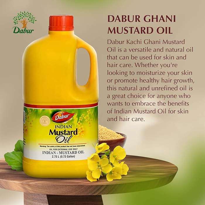 Dabur Kachi Ghani Mustard Oil - Unrefined Therapeutic-Grade Oil from Mustard Seeds for Skin, Hair Care, and Body Massage, Cold-Pressed (2750 ml) - Image 3