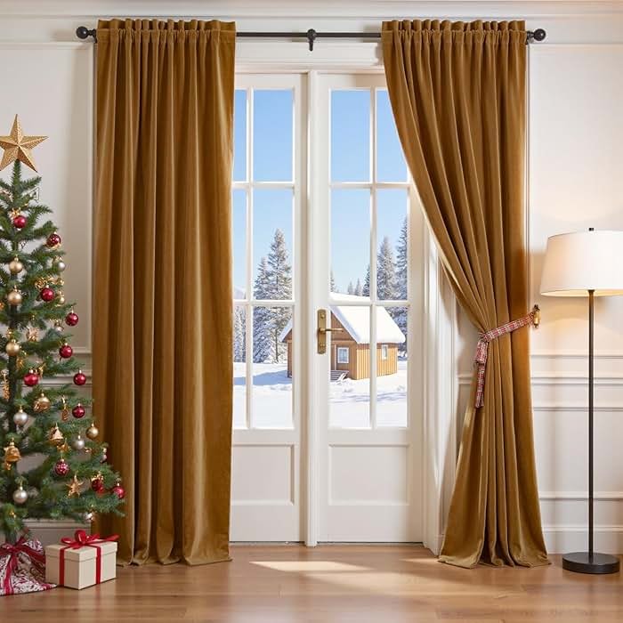 Lazzzy Velvet Blackout Curtains Thermal Insulated Room Window Drapes Super Soft Luxury Curtains for Living Room Bedroom Rod Pocket 2 Panels, Gold Brown, 52" W x 84" L - Product Image