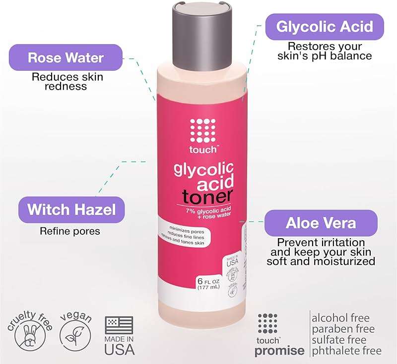 7% Glycolic Acid Toner with Rose Water, Witch Hazel, and Aloe Vera Gel – Alcohol & Oil Free Exfoliating AHA Face Toner – Improves Wrinkles, Dullness, Pores, Skin Tone & Texture, 6 oz. - Image 4