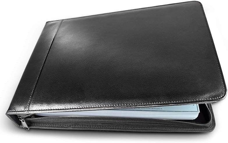 Executive PU Leather 7-Ring Business Check Binder | Holds up to 600 Business-size (3-on-a-page) Checks, Zippered Closure, Stainless Steel Rings, Opens Flat - Product Image