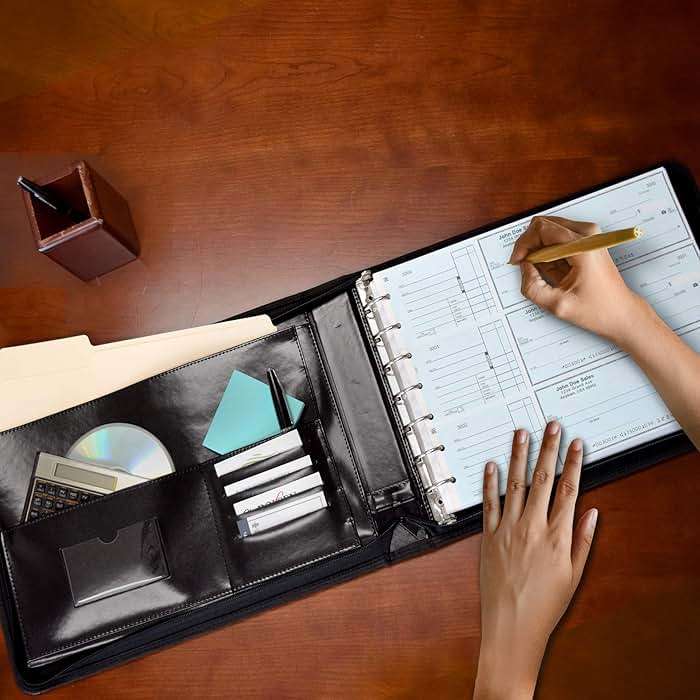 Executive PU Leather 7-Ring Business Check Binder | Holds up to 600 Business-size (3-on-a-page) Checks, Zippered Closure, Stainless Steel Rings, Opens Flat - Image 2