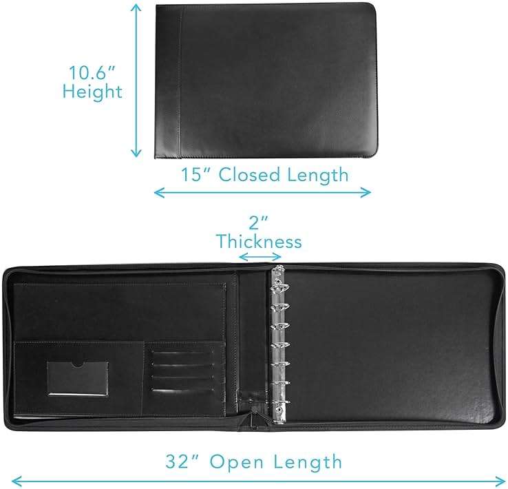 Executive PU Leather 7-Ring Business Check Binder | Holds up to 600 Business-size (3-on-a-page) Checks, Zippered Closure, Stainless Steel Rings, Opens Flat - Image 3