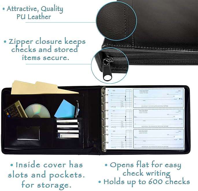Executive PU Leather 7-Ring Business Check Binder | Holds up to 600 Business-size (3-on-a-page) Checks, Zippered Closure, Stainless Steel Rings, Opens Flat - Image 5