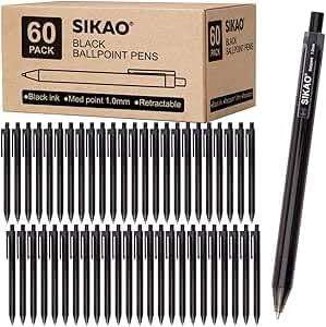 Sikao Black Pens Bulk, 60 Pack Retractable Ballpoint Pens Black Ink | Smooth Writing 1.0mm Clear Lines No-Smear, Click Pens for Teachers, Students, Servers, School & Office Supplies - Image 1