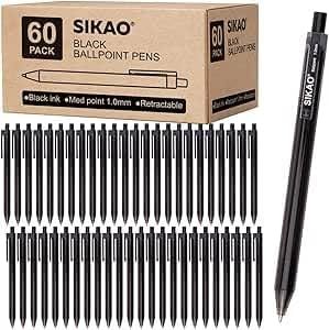 Sikao Black Pens Bulk, 60 Pack Retractable Ballpoint Pens Black Ink | Smooth Writing 1.0mm Clear Lines No-Smear, Click Pens for Teachers, Students, Servers, School & Office Supplies - Product Image