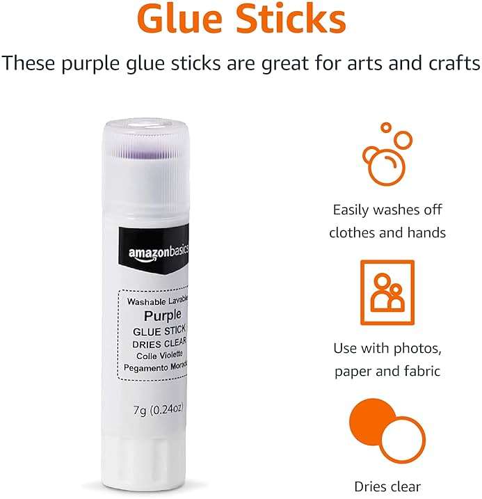 Amazon Basics Purple Washable School Glue Sticks, Dries Clear, Non-Toxic, 0.24-oz Stick, 60-Pack - Image 2
