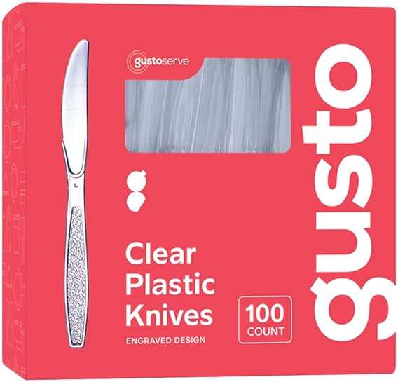 GUSTO [100 Pack Clear Plastic Knives Heavy Duty with Engraved Design - Disposable, Sturdy for Parties, Weddings, and Events-(Formerly Comfy Package) - Image 1