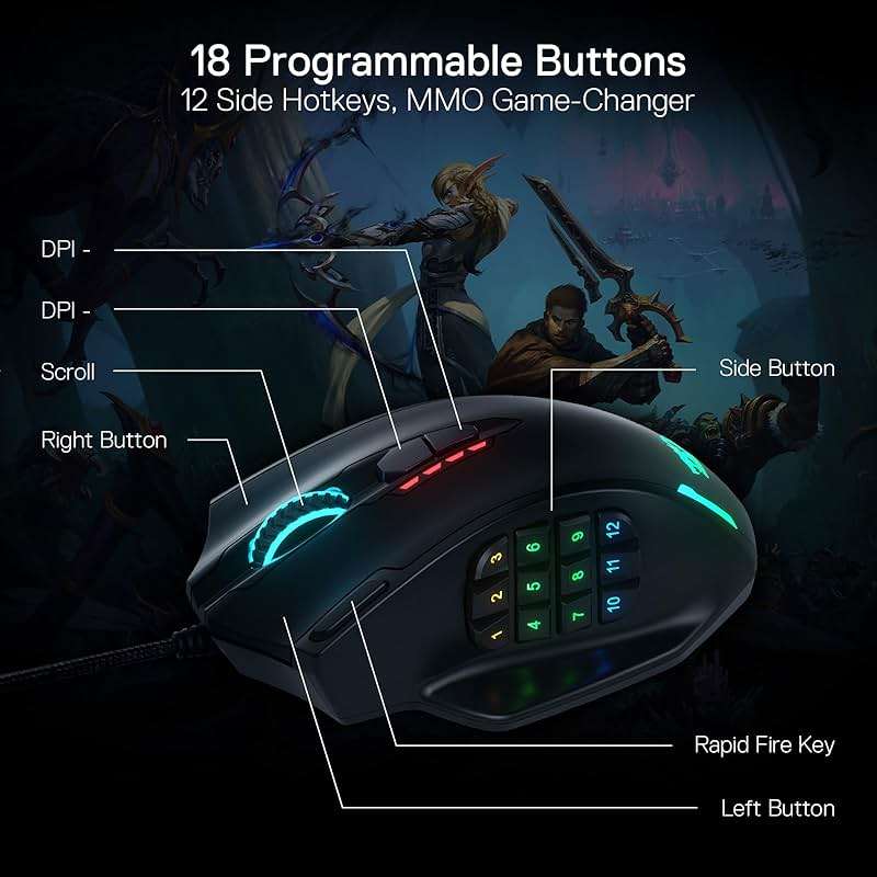 Redragon M908 Impact RGB LED MMO Gaming Mouse with 12 Side Buttons, Optical Wired Ergonomic Mouse with Max 12,400DPI, High Precision, 18 Programmable Macro Shortcuts, Comfort Grip - Image 4