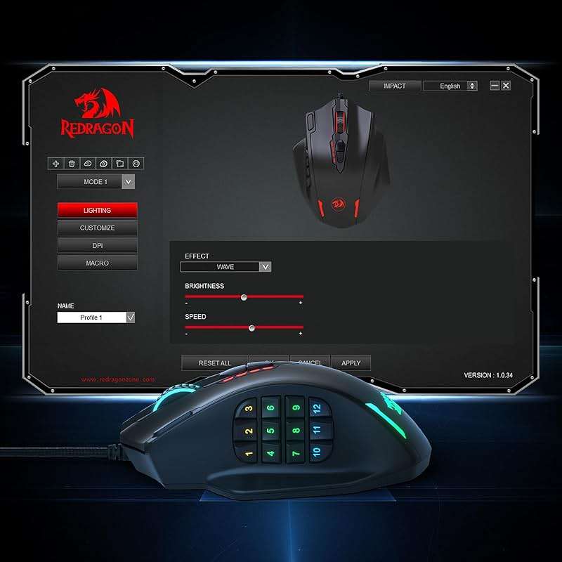 Redragon M908 Impact RGB LED MMO Gaming Mouse with 12 Side Buttons, Optical Wired Ergonomic Mouse with Max 12,400DPI, High Precision, 18 Programmable Macro Shortcuts, Comfort Grip - Image 8