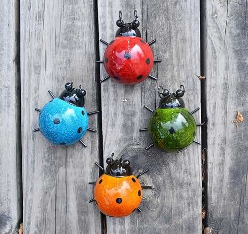 GIFTME 5 Metal Garden Wall Art Decorative Set of 4 Cute Ladybugs Outdoor Wall Sculptures - Product Image