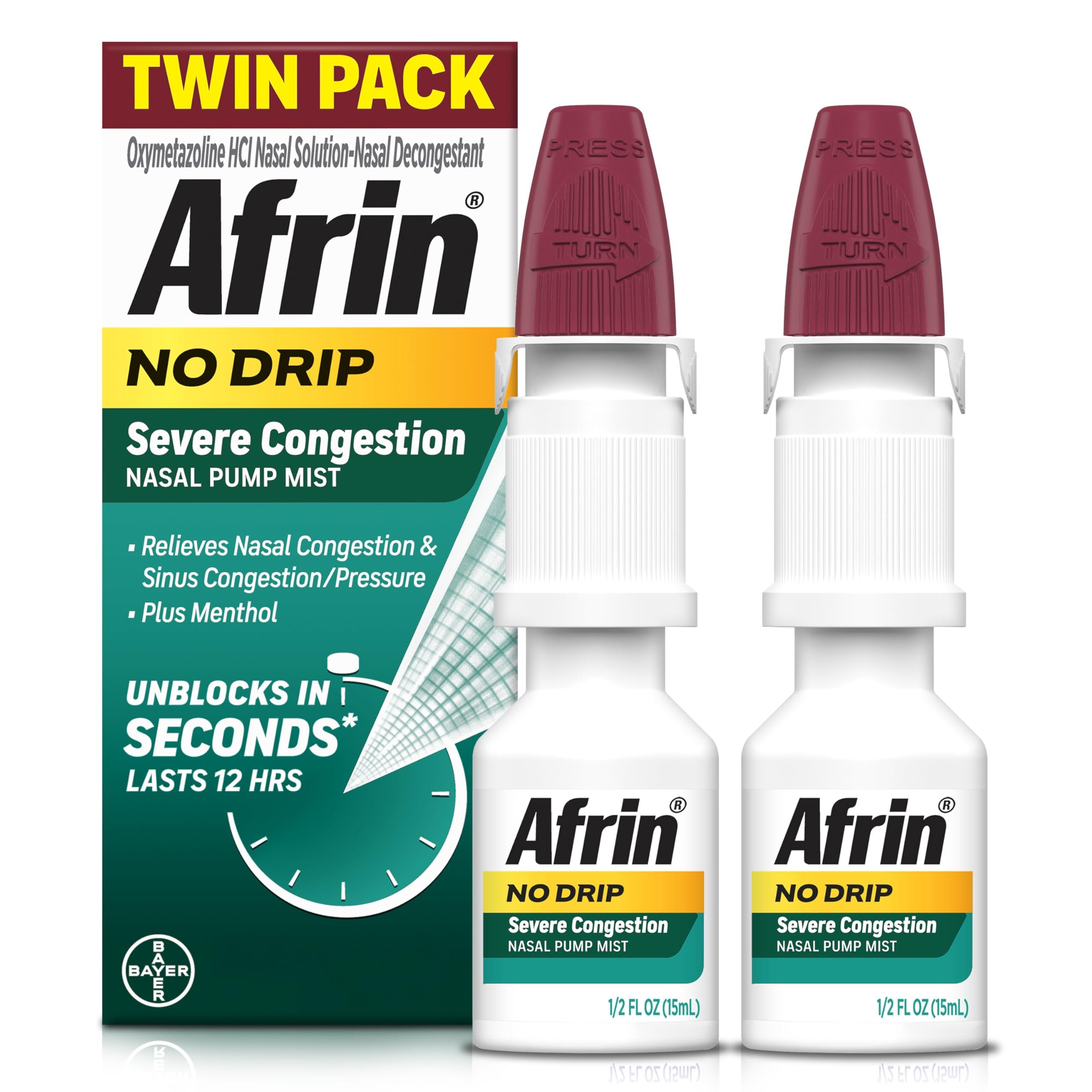 Afrin No Drip Severe Congestion Nasal Mist Twin Pack, Non-Drowsy, Fast-Acting Decongestant for Nasal Congestion and Sinus Pressure Relief, Adults and Children 6 and Older, .5 fl oz (Pack of 2) - Product Image