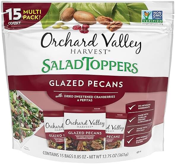 Orchard Valley Harvest Glazed Pecans Salad Toppers, 0.85 Ounce Bags (Pack of 15), with Cranberries and Pepitas, Non-GMO, No Artificial Ingredients, Healthy Snacks for Adults - Product Image