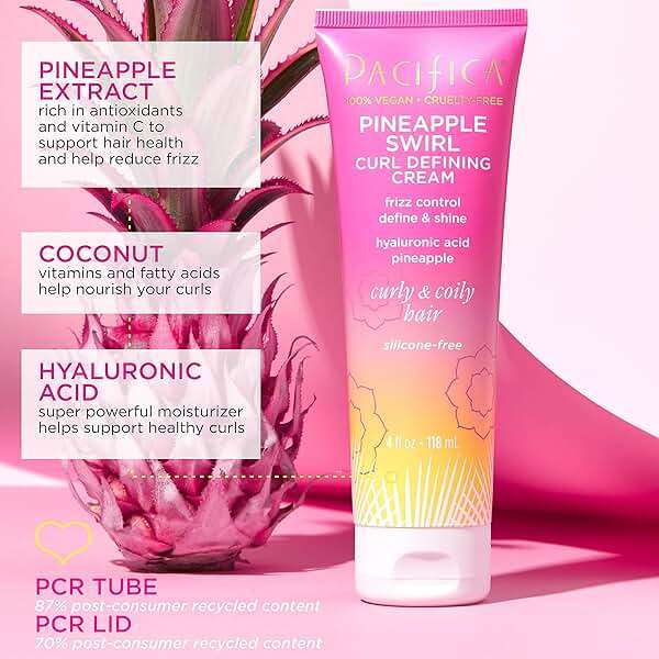 Pacifica Pineapple Swirl Curl Defining Cream – Bounce, Frizz Control & Curl Enhancer Styling Cream for Curly Hair & Wavy Hair – Coconut Oil & Hyaluronic Acid For No-Crunch Hold – Cruelty-Free – 4-oz - Image 2