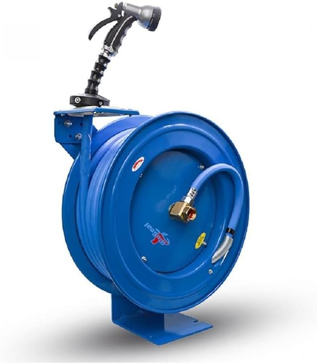 BLUSEAL BSWR5850 Retractable Hose Reel with 5/8" x 50' Hot Water Rubber Hose, 6' Lead-in, 500 PSI, Brass Fittings, Swivel Mount Hose Reel, 9 Pattern Spray Nozzle - Product Image