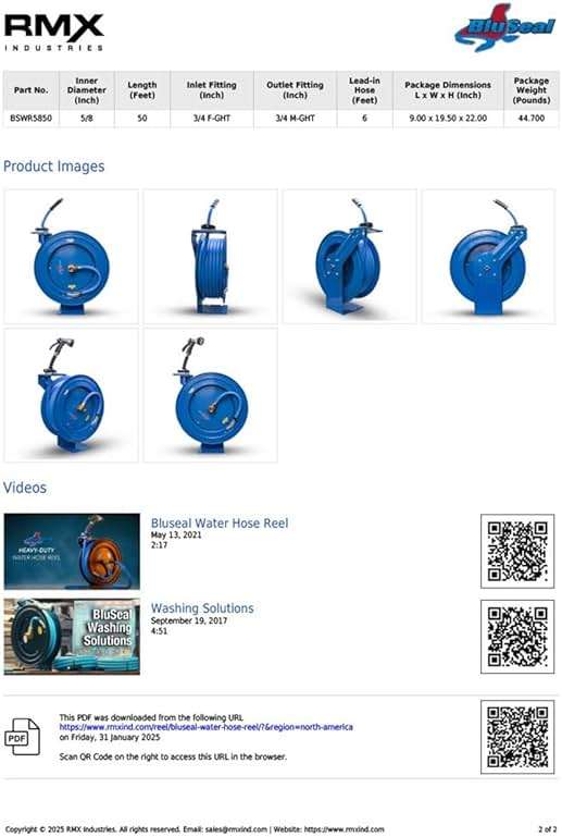 BLUSEAL BSWR5850 Retractable Hose Reel with 5/8" x 50' Hot Water Rubber Hose, 6' Lead-in, 500 PSI, Brass Fittings, Swivel Mount Hose Reel, 9 Pattern Spray Nozzle - Image 6