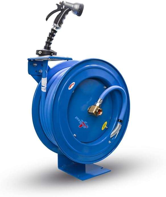 BLUSEAL BSWR5850 Retractable Hose Reel with 5/8" x 50' Hot Water Rubber Hose, 6' Lead-in, 500 PSI, Brass Fittings, Swivel Mount Hose Reel, 9 Pattern Spray Nozzle - Image 7