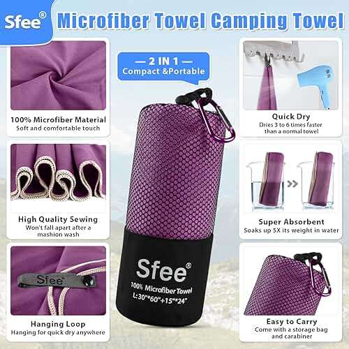 Sfee 2 Pack Microfiber Travel Towel, Quick Dry Towel Camping Beach Towel Super Absorbent Compact Lightweight Sports Gym Towels Set for Beach, Gym, Hiking, Pool, Backpacking, Bath, Yoga - Image 3