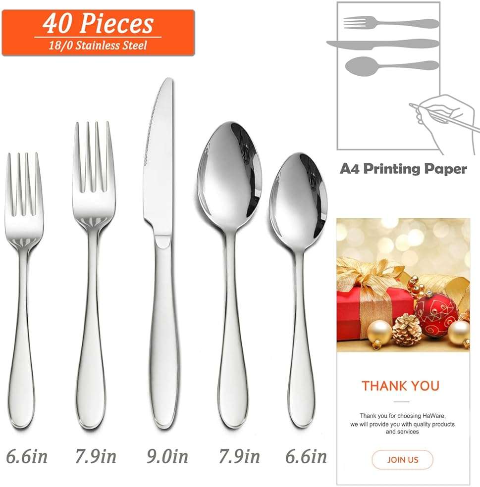 HaWare 40-Piece Silverware Set, Stainless Steel Flatware Service for 8, Modern Tableware Cutlery for Home, Elegant Eating Utensils Include Knives/Spoons/Forks, Mirror Polished, Dishwasher Safe - Image 3