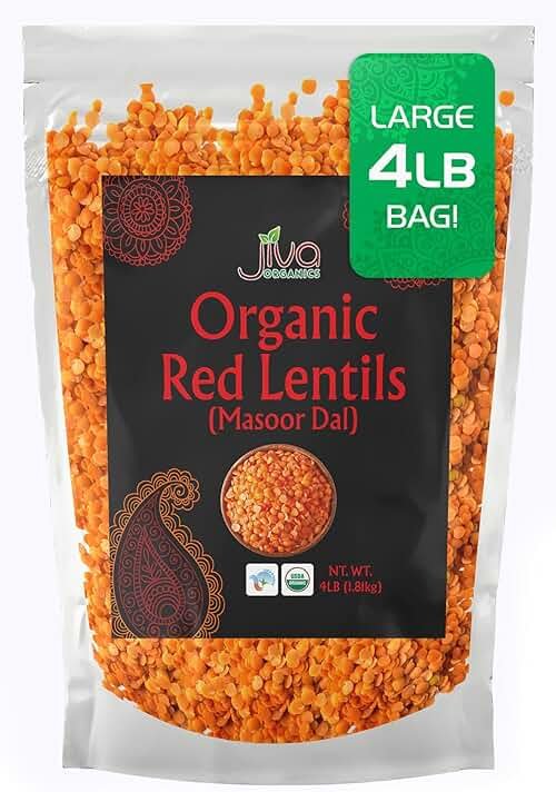 Jiva Organic Split Red Lentils 4 Pound LARGE Bag - Masoor Dal - Non-GMO, Vegan, Certified, Non-Irradiated - Product Image