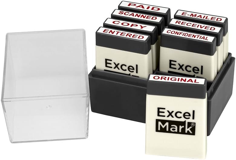 ExcelMark Mini Office Message Rubber Stamp Set - Red Ink - Storage Tray Included - Product Image