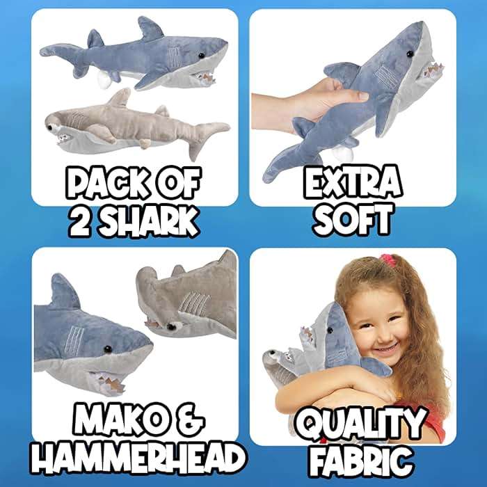 Bedwina Stuffed Animal Sharks - Pack of 2 Large, 14 inch Mako & 13 inch Hammerhead Plush Shark Toys, Stuff Animals Toy, for Baby Toddlers & Kids - Image 2