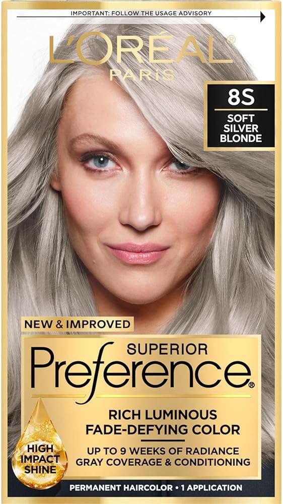 L'Oreal Paris Superior Preference Luminous Fade-Defying Permanent Hair Color, Hair Dye For Up to 9 Weeks of Radiance, Light Silver Blonde 8S, 1 Hair Dye Kit - Image 1