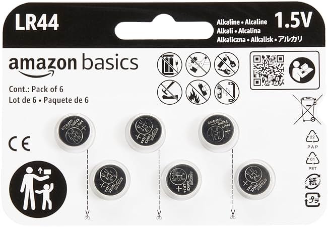 Amazon Basics 6-Pack LR44 Alkaline Button Coin Cell Battery, 1.5 Volt, Long Lasting Power, Mercury-Free - Product Image