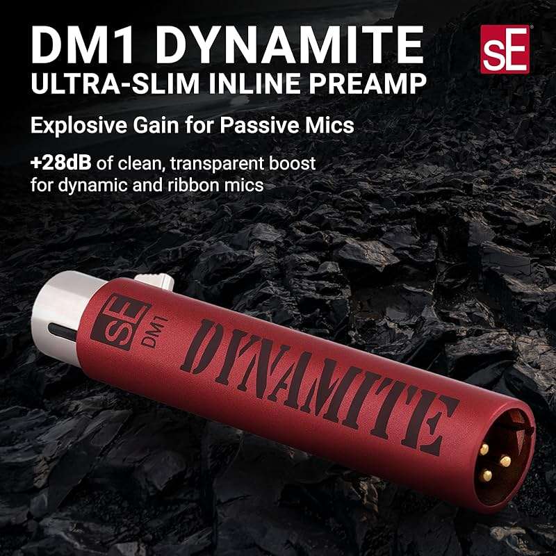 sE Electronics DM1 Dynamite Ultra-Slim Inline Microphone Preamp for Ribbon & Dynamic Microphones - Mic Preamp with +28dB Gain for Clean, Natural Sound - Ideal for Podcasting & Live Sound (Red) - Image 2