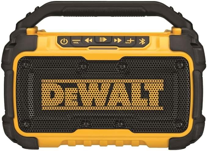 DEWALT 20V MAX Bluetooth Speaker, 100 ft Range, Durable for Jobsites, Phone Holder Included, Lasts 8-10 Hours with Single Charge (DCR010), Black Yellow - Product Image