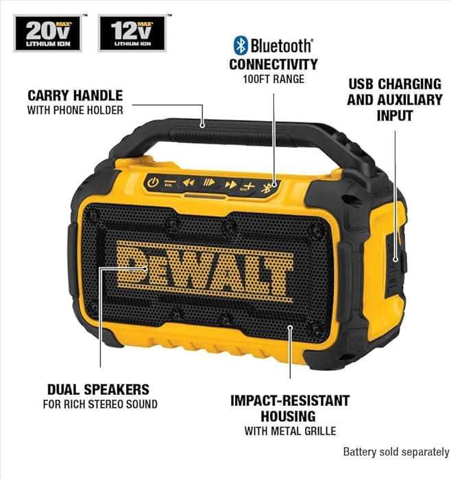 DEWALT 20V MAX Bluetooth Speaker, 100 ft Range, Durable for Jobsites, Phone Holder Included, Lasts 8-10 Hours with Single Charge (DCR010), Black Yellow - Image 2
