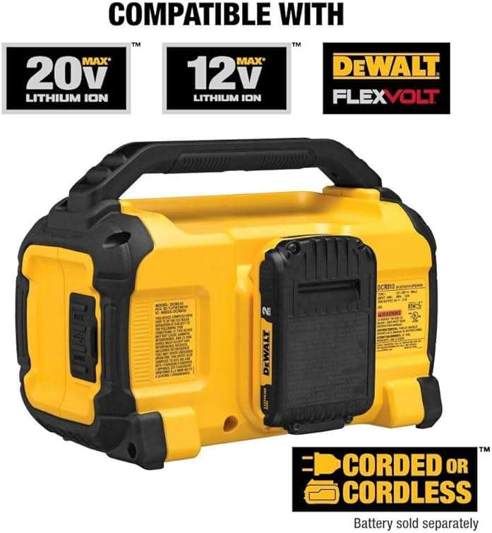 DEWALT 20V MAX Bluetooth Speaker, 100 ft Range, Durable for Jobsites, Phone Holder Included, Lasts 8-10 Hours with Single Charge (DCR010), Black Yellow - Image 6