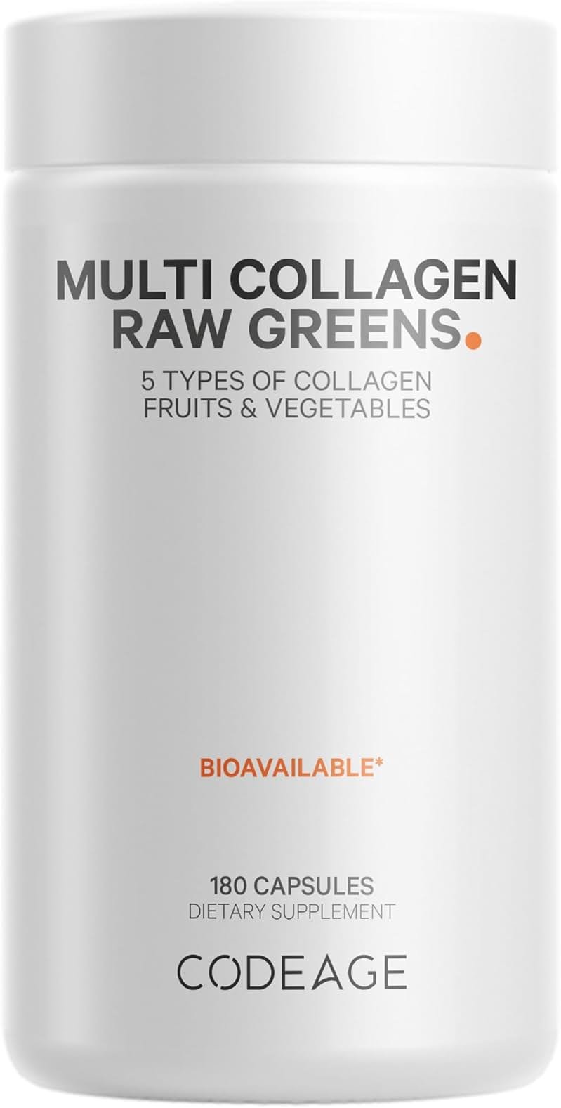 Codeage Multi Collagen Protein + Organic Raw Greens Superfood Capsules Supplement, 21 Fruits & Veggies, Grass-Fed Hydrolyzed Collagen Peptides, 5 Types All-in-One, 180 Count - Product Image
