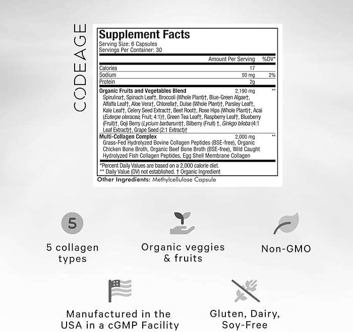 Codeage Multi Collagen Protein + Organic Raw Greens Superfood Capsules Supplement, 21 Fruits & Veggies, Grass-Fed Hydrolyzed Collagen Peptides, 5 Types All-in-One, 180 Count - Image 2