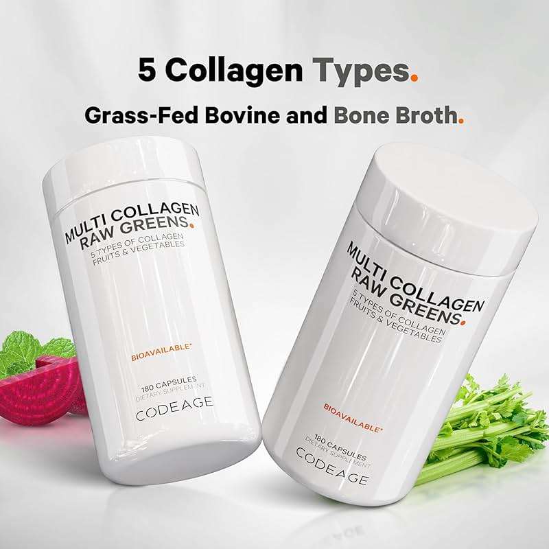 Codeage Multi Collagen Protein + Organic Raw Greens Superfood Capsules Supplement, 21 Fruits & Veggies, Grass-Fed Hydrolyzed Collagen Peptides, 5 Types All-in-One, 180 Count - Image 3
