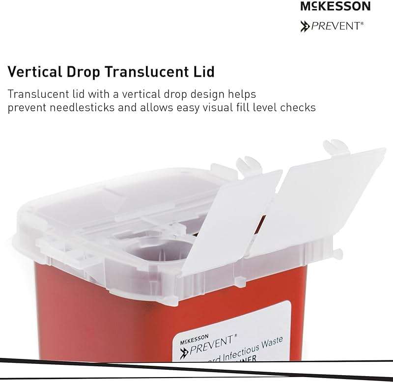 McKesson Prevent Sharps Container for Home Use, 1 Quart - for Biohazard Infectious Waste, Needle and Syringe Disposal - Translucent, Touchless Lid - Red, 1 Count - Image 3